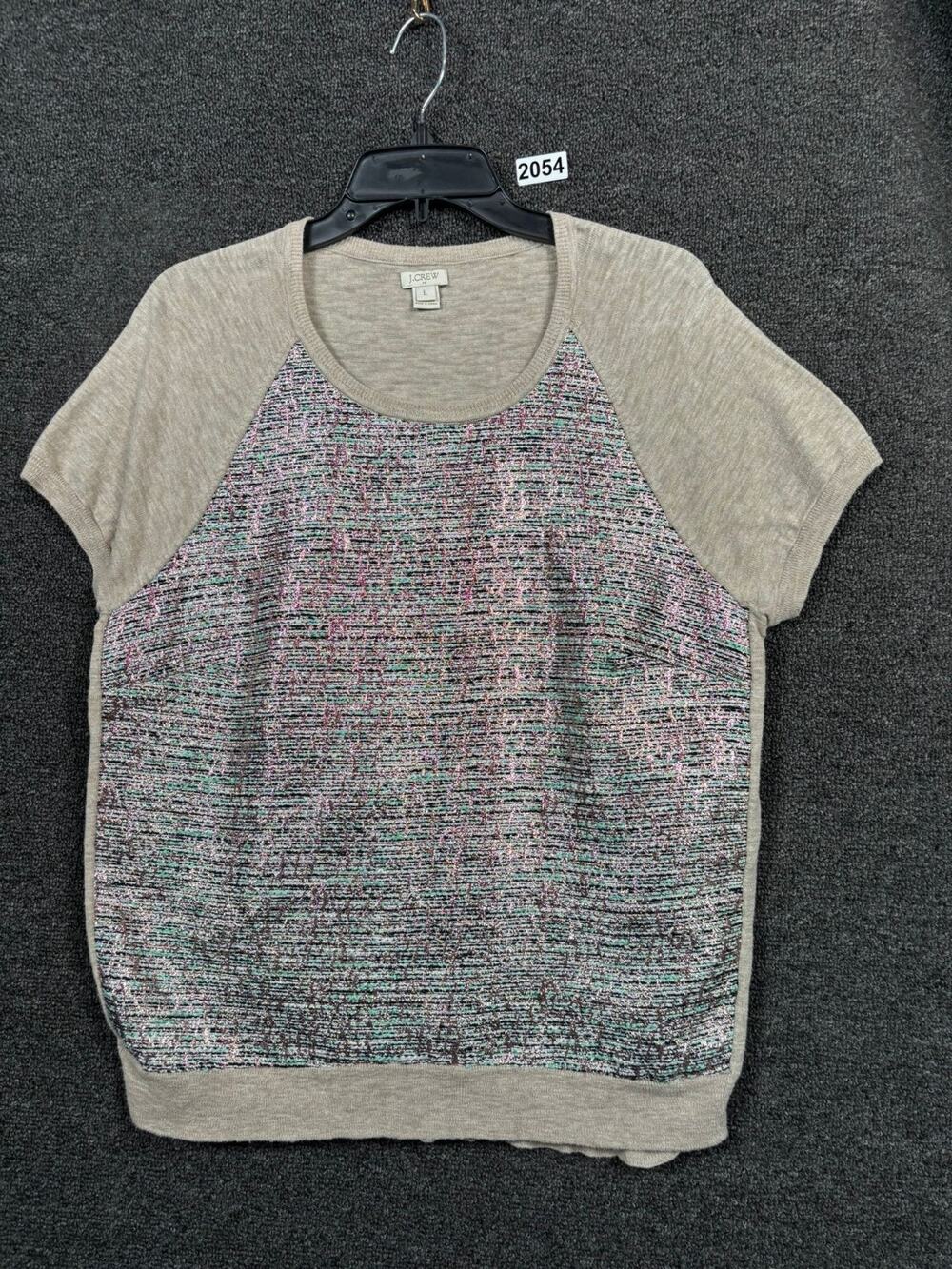 J. Crew Top Metallic Tweed Panel Heathered Sweater Sz L Beige Rose Gold B9242
